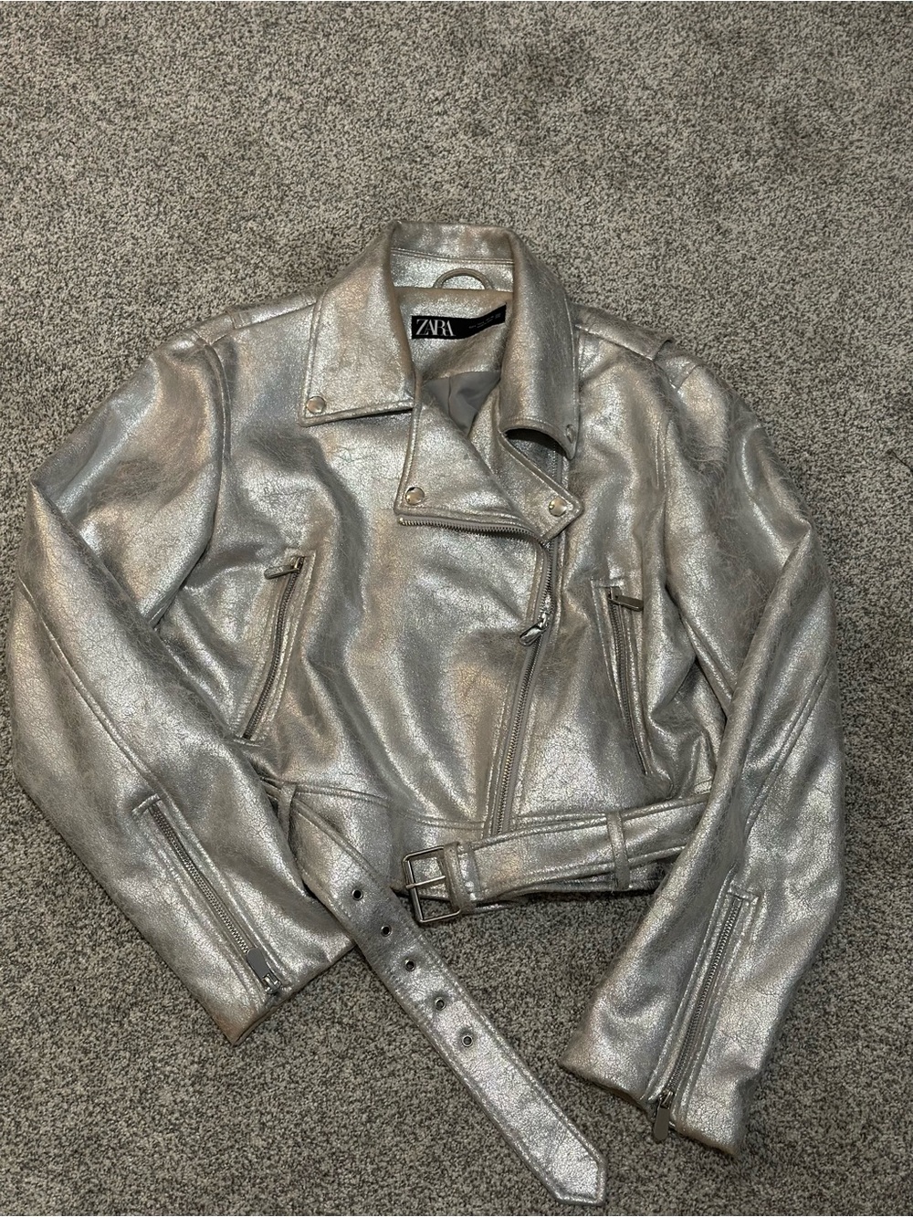 ZARA Metallic Silver Moto faux Leather Jacket